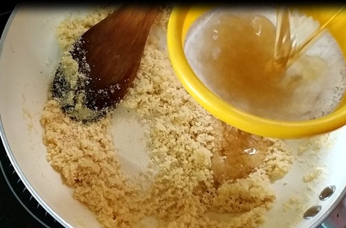 Rice Rava Khandvi Khantoli Recipe adding jaggery water in rice rava 500x329